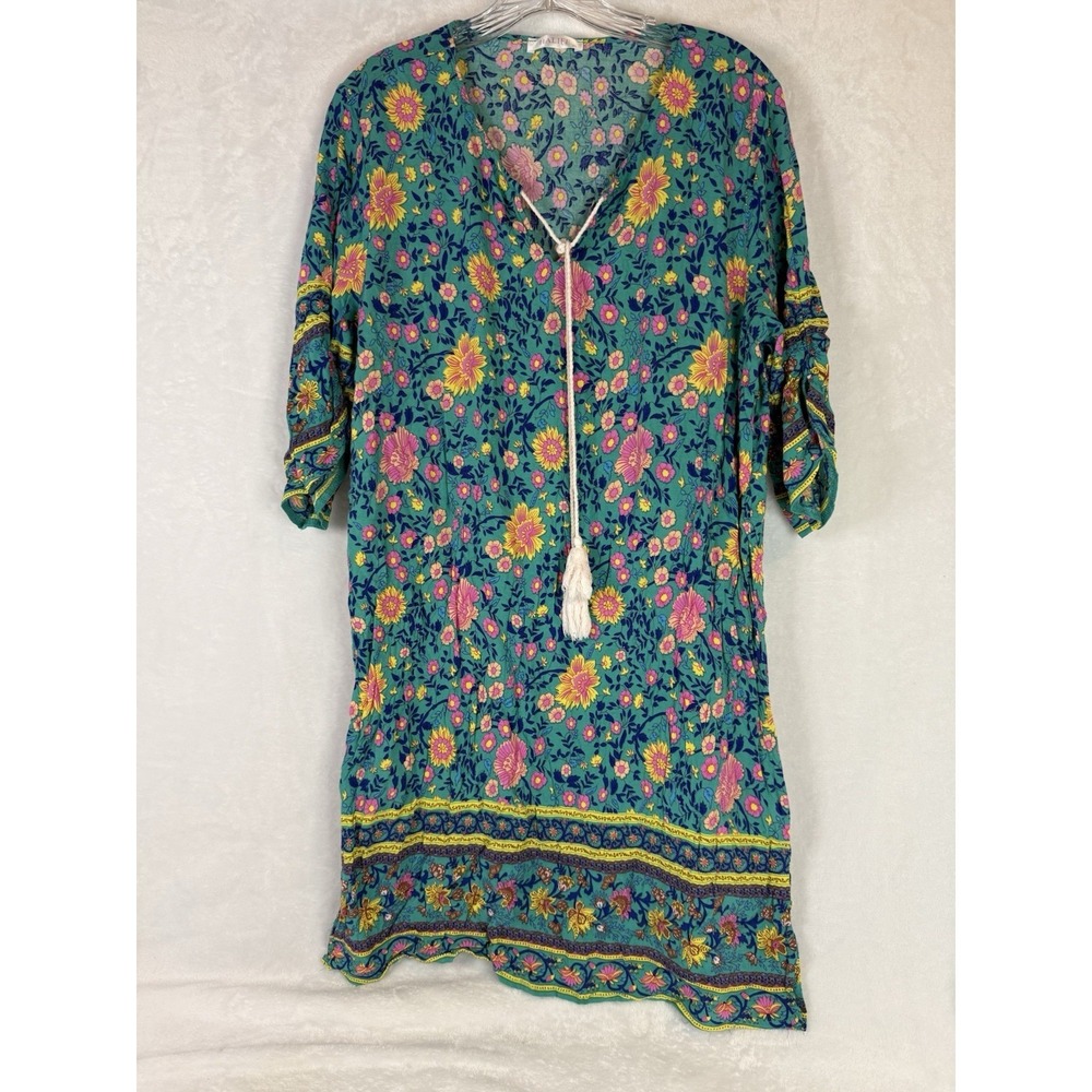 Halife Boho Floral‎ Tunic Dress XL Teal Pink Tassel Tie Beachy Resort Cruise
